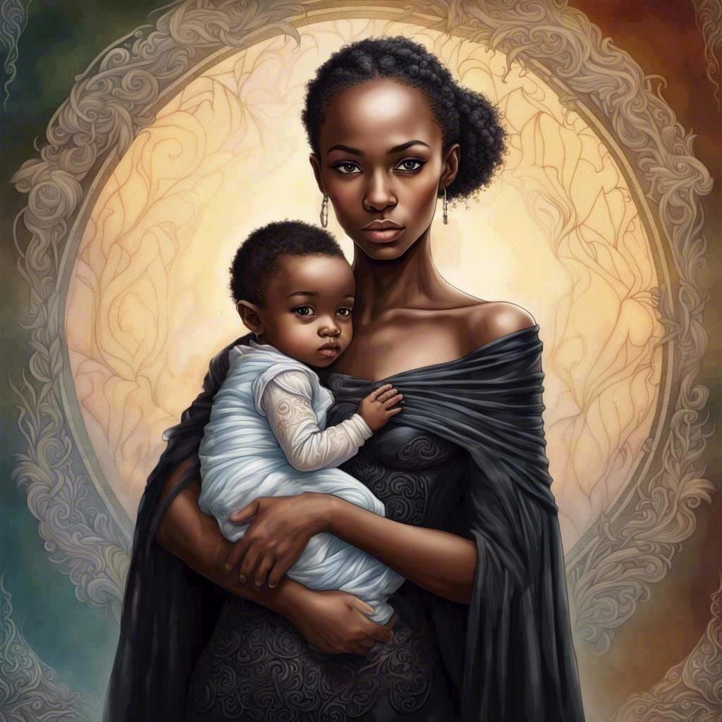 Black Elf Mother and Baby in Silk Dress
