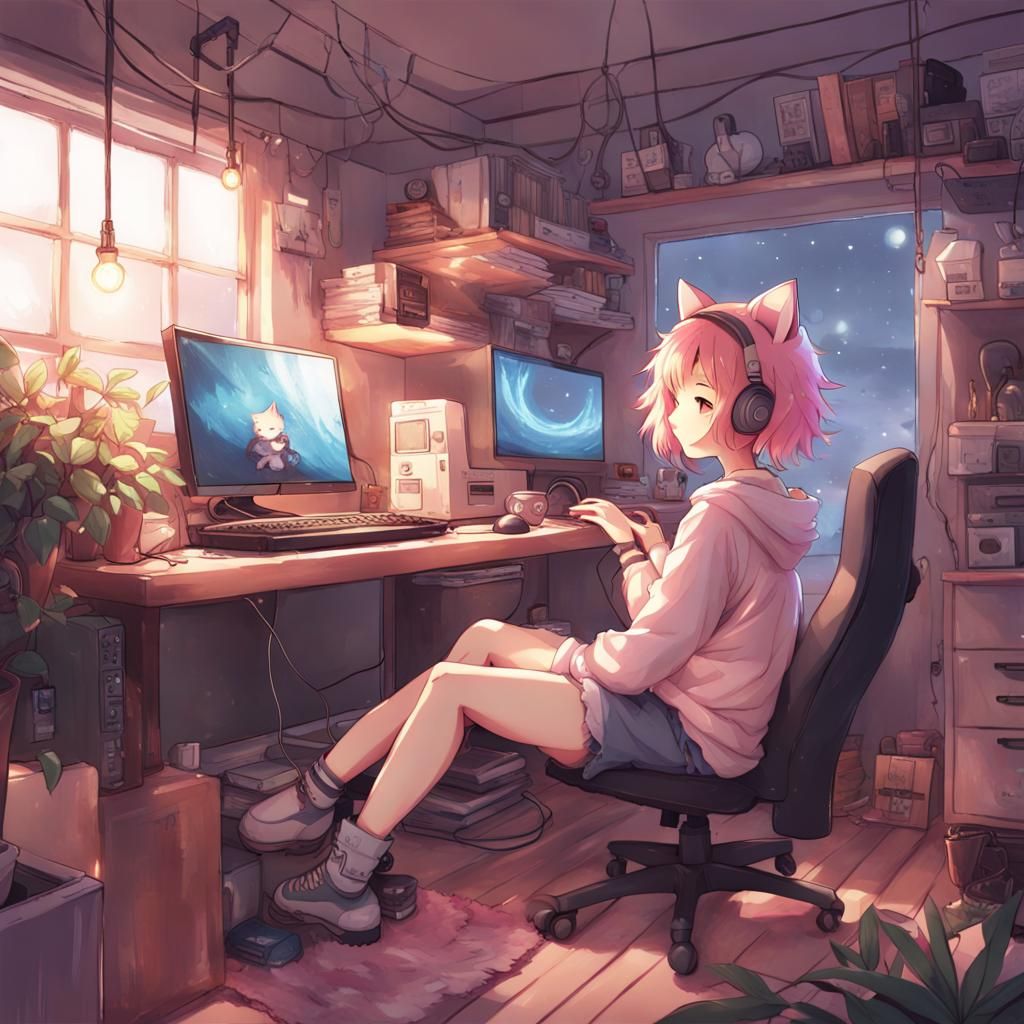 Cozy Anime Gaming Room with Pink-Haired Girl and Cat