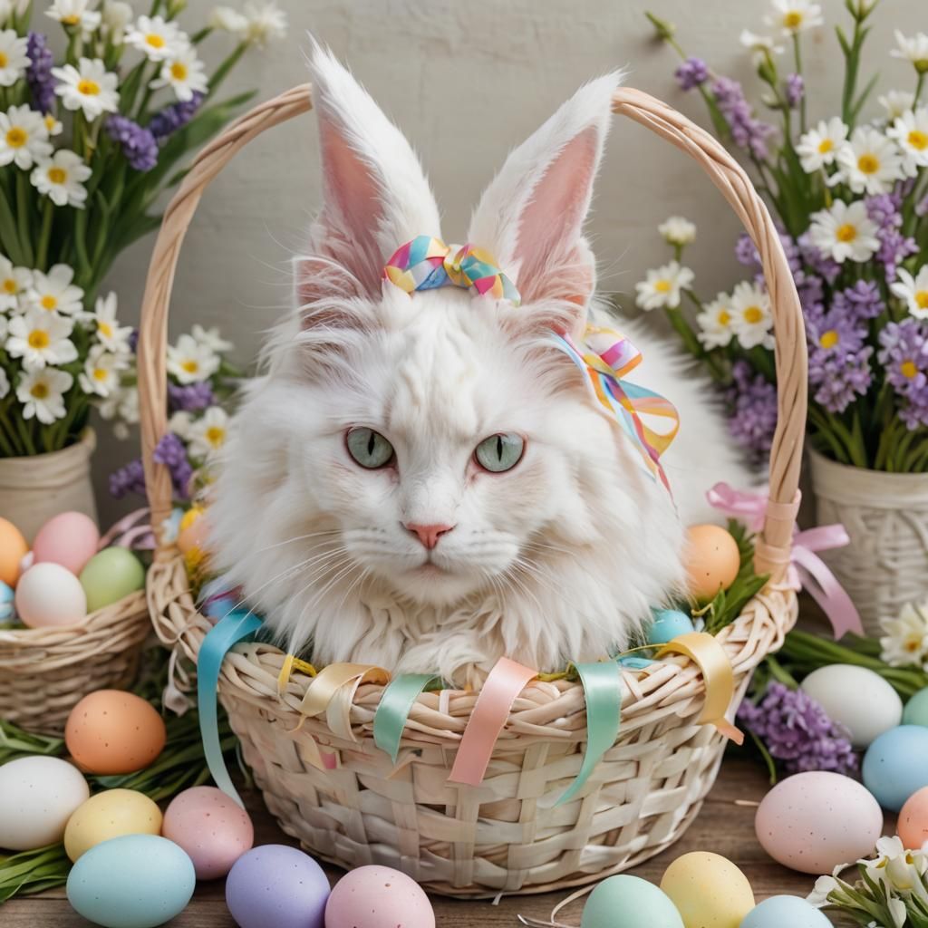 Easter Bunny Cat with Basket of Spring Eggs