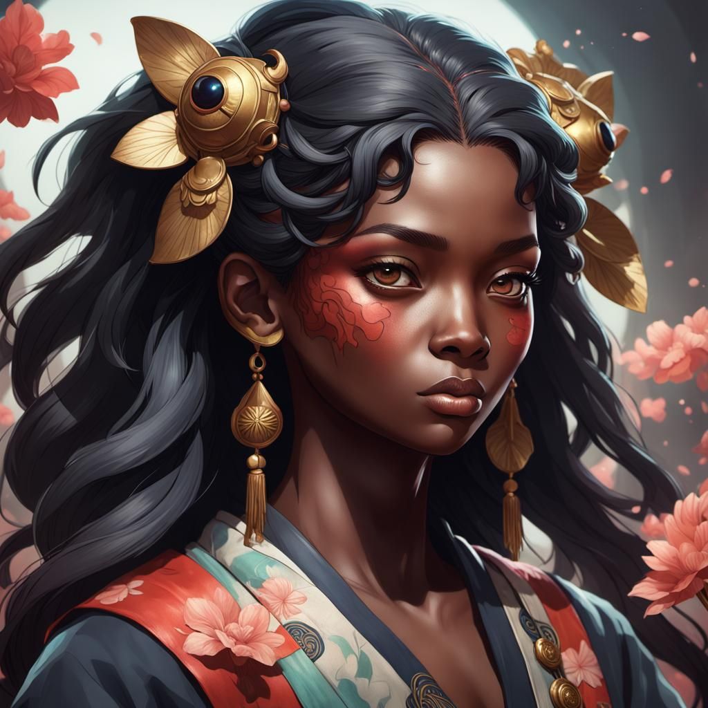 Black Female Kappa Yokai Portrait in Art Nouveau Style