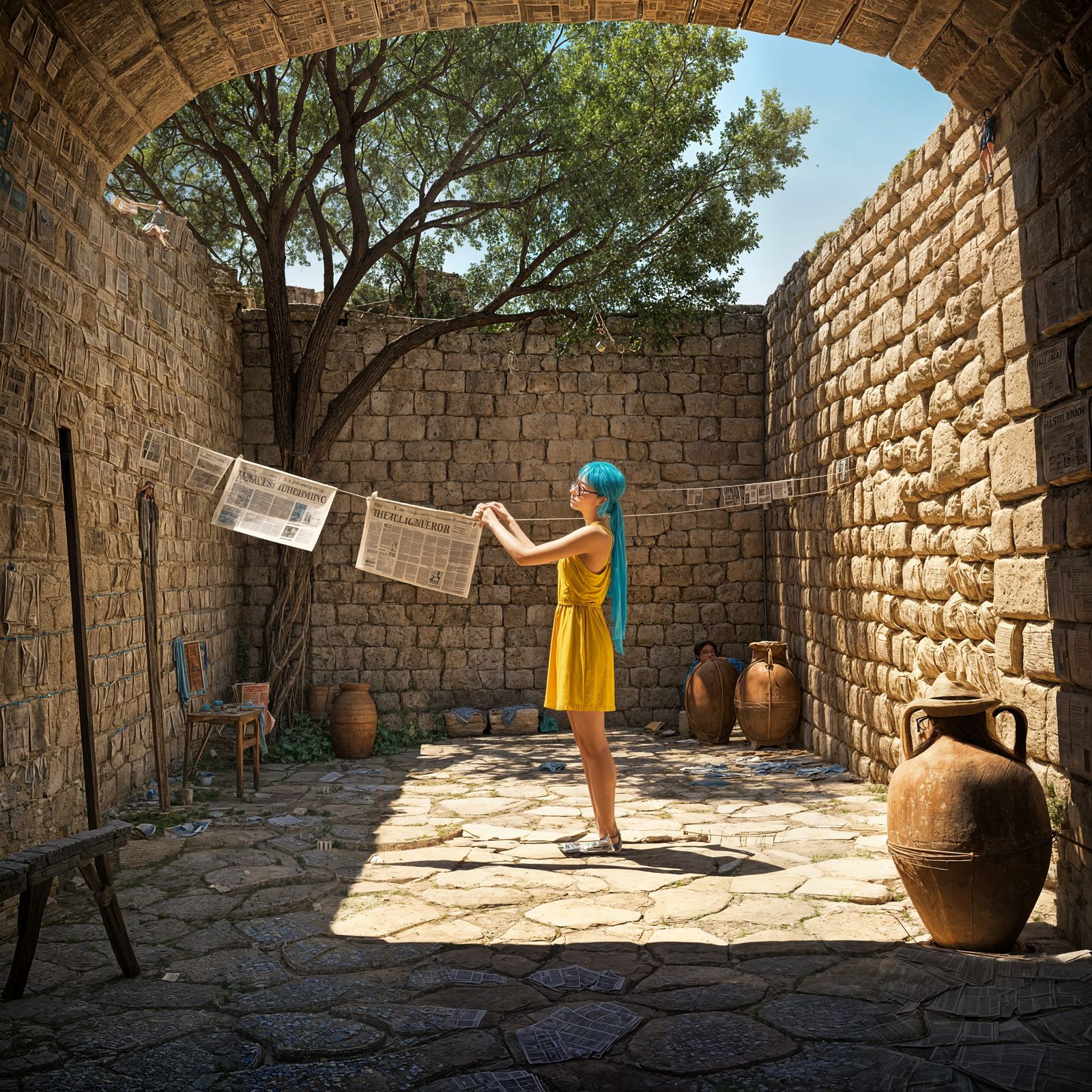 Surreal Scene of a Woman Hanging Newspapers in a Mediterrane...