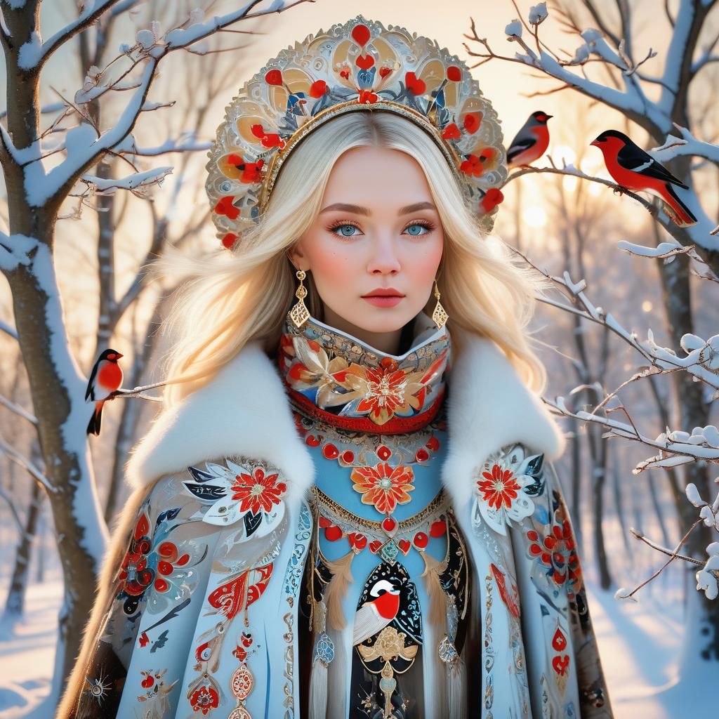 Slavic Beauty with Bullfinches in Folk Art Style