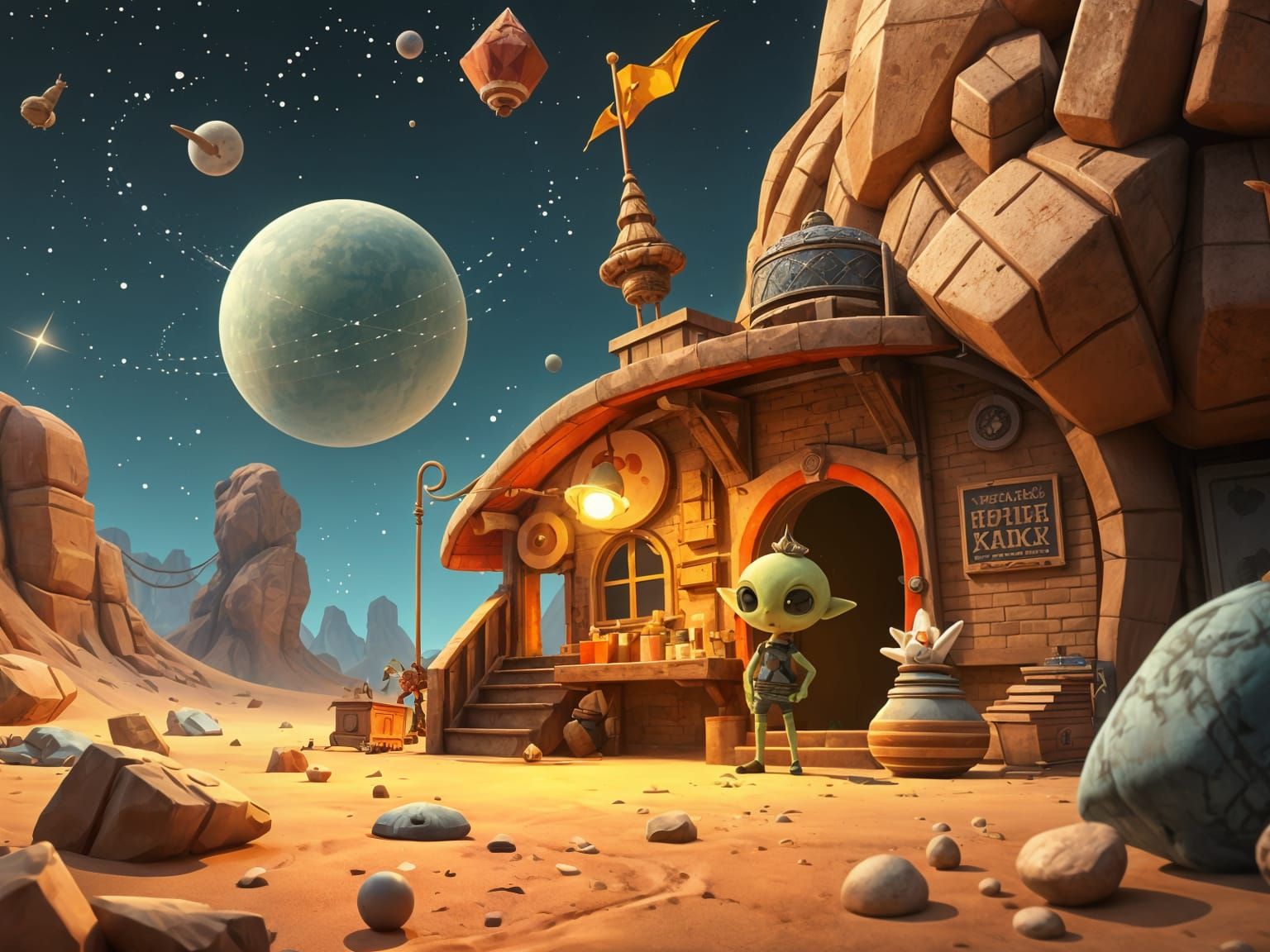 Asteroid Trading Post with Little Prince in Pixar Style