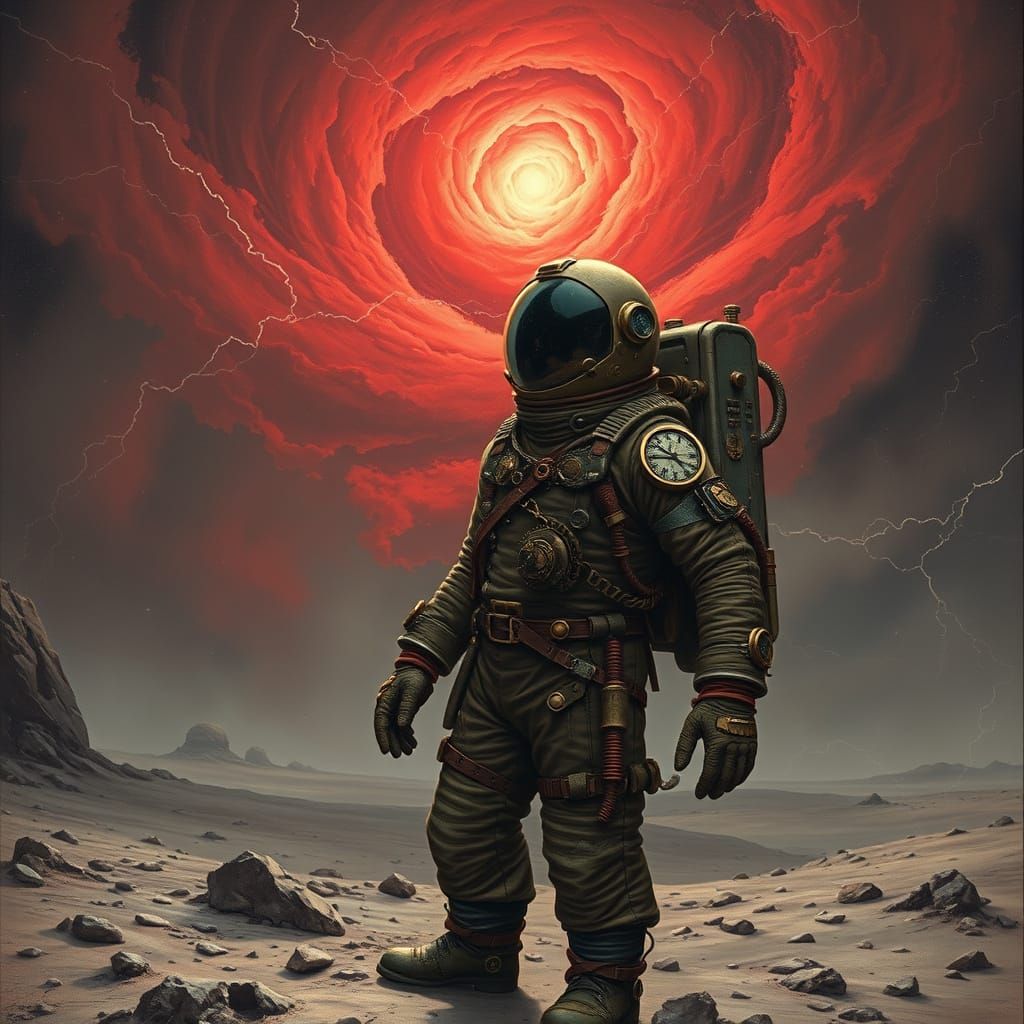 Astronaut on Alien Planet Gazing at Nebula in Steampunk Styl...