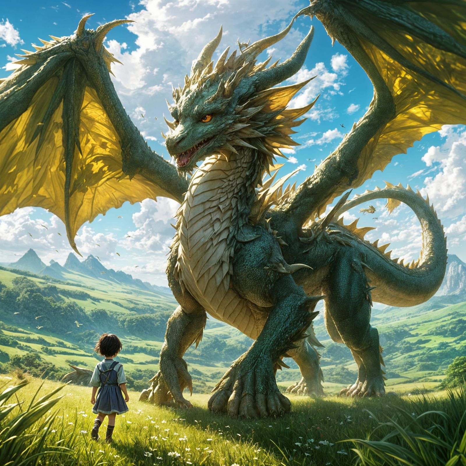 Adorable Giant Dragon Walking in Sunny Field