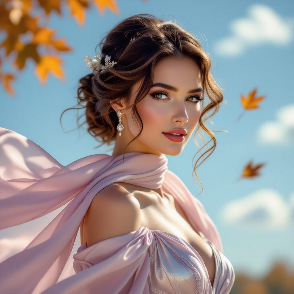 Elegant Woman in Flowing Silver-Pink Dress with Autumn Leave...