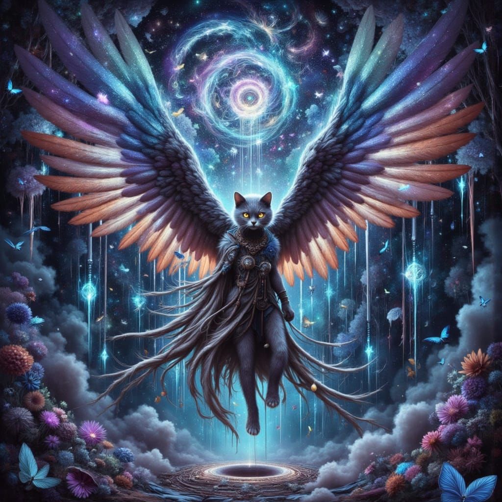 Winged Feline Angel in Mystical Elevator