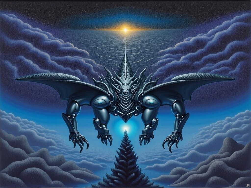 Cyborg Dragon Soars Through Cosmic Nebula in Digital Matte S...