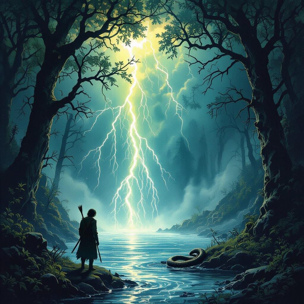 Dark Fantasy Forest Spring with Lightning and Snake