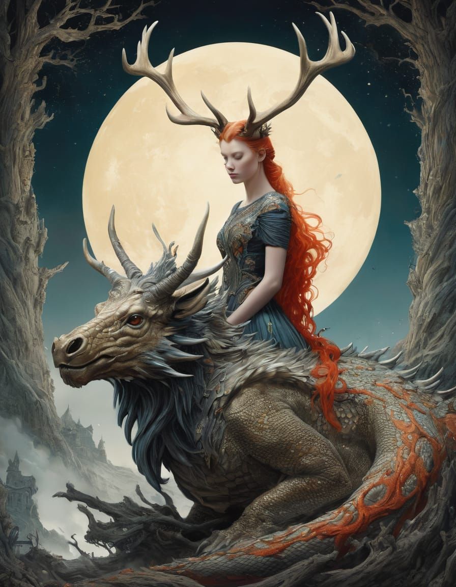 Surreal Urbanpunk Goddess Mourns Amidst Majestic Dragon and ...