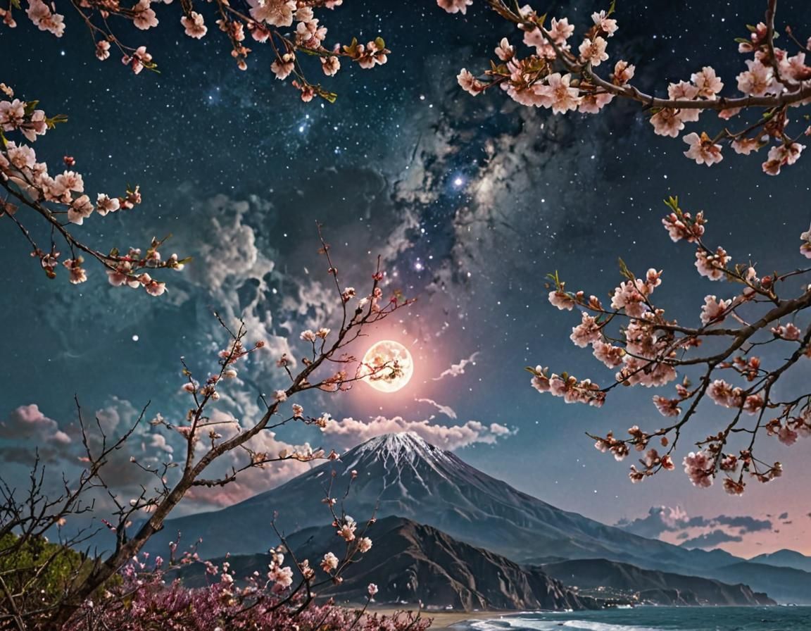 Dramatic Ocean Storm with Cherry Blossoms