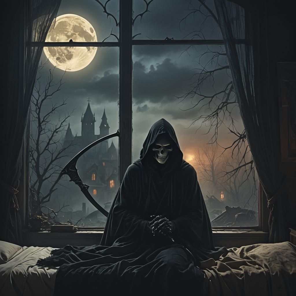 Grim Reaper at Bedroom Window: Dark Fantasy Art
