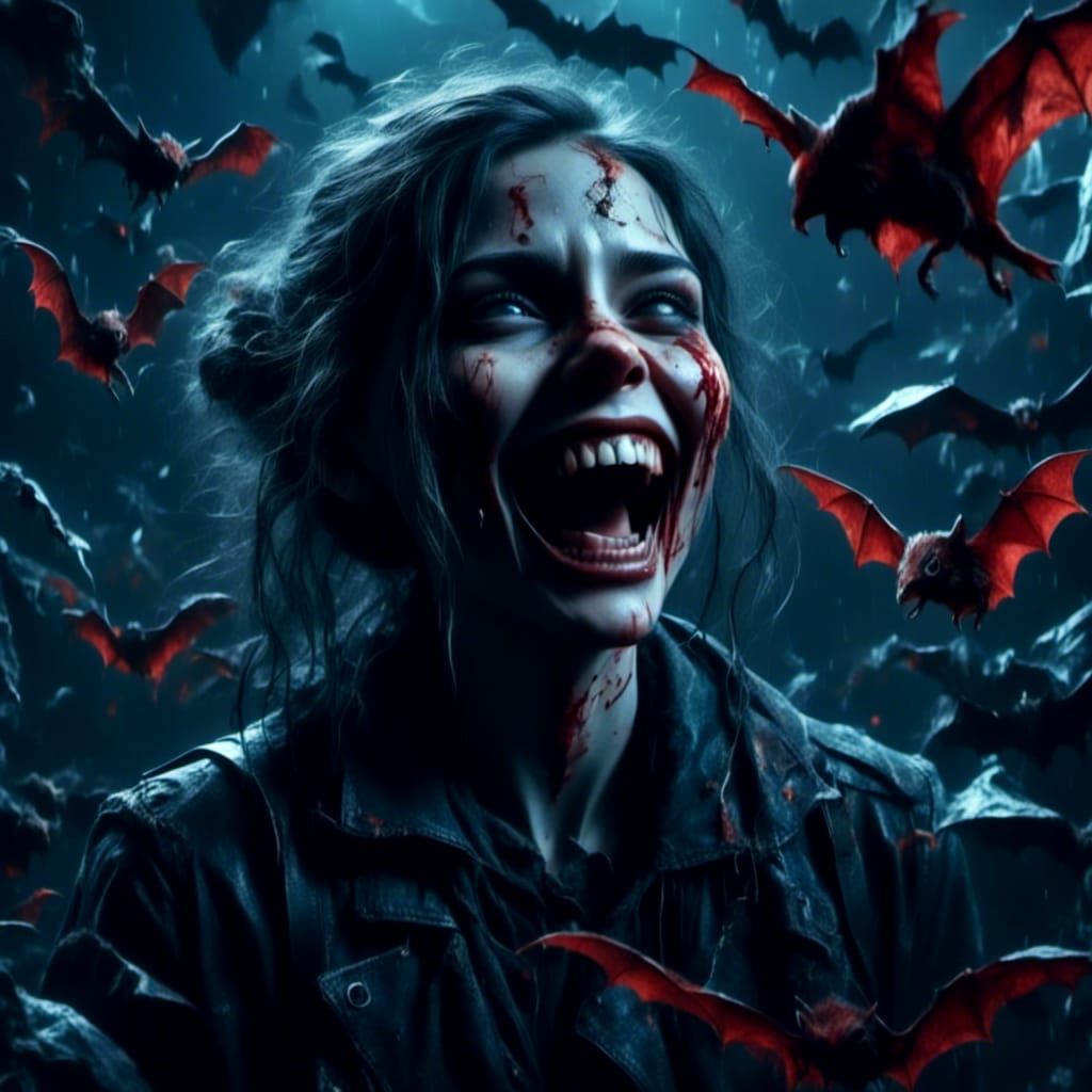 Laughing Vampire Girl Surrounded by Bats, Hyperrealistic 8K