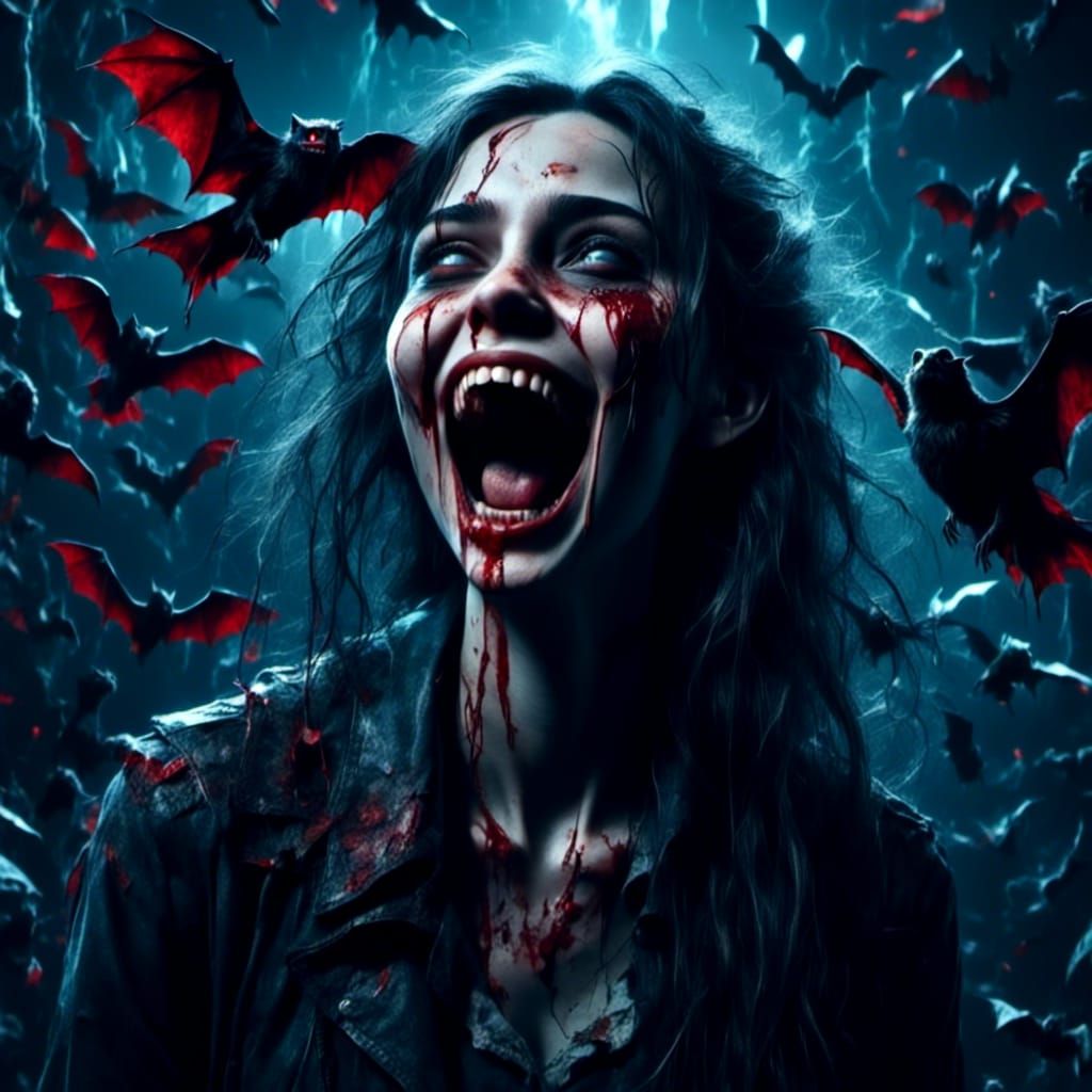 Hyperrealistic Vampire Girl Surrounded by Bats