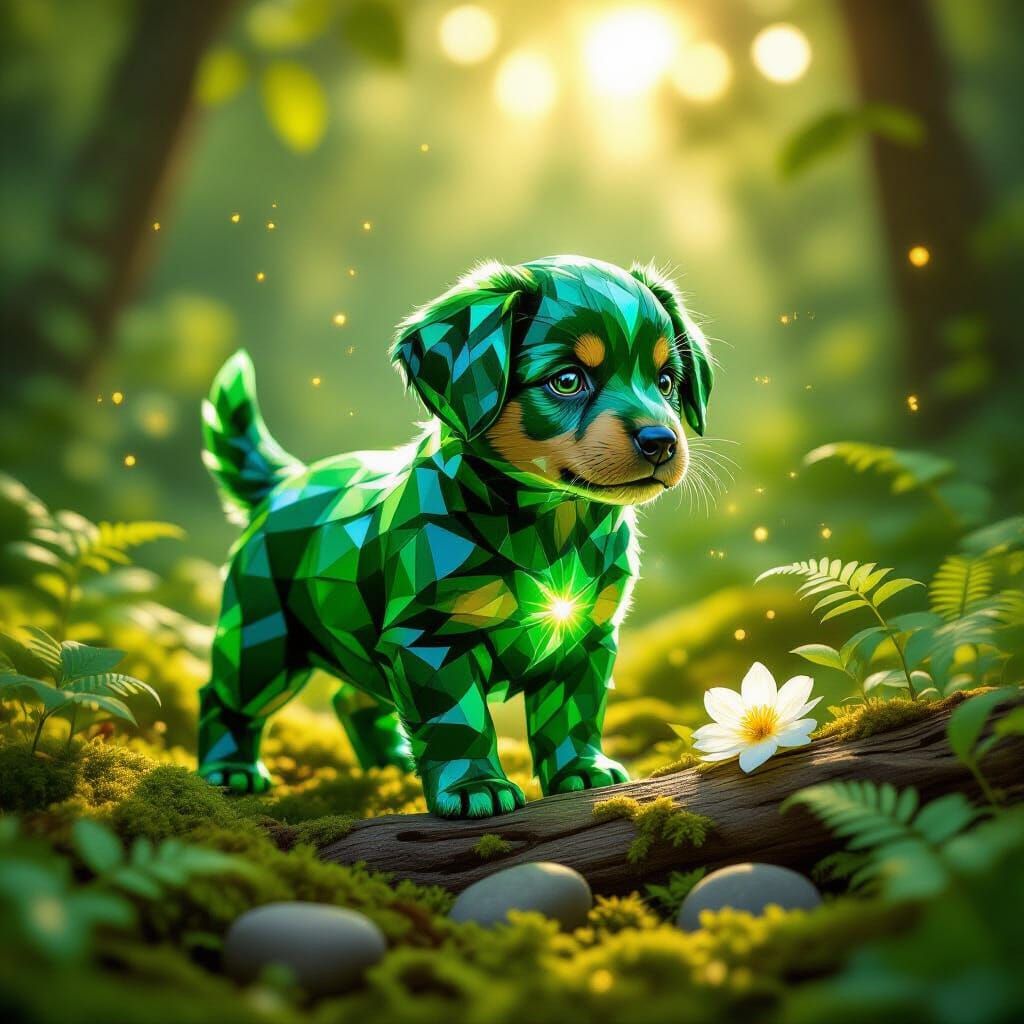 Emerald Gemstone Puppy in Enchanted Forest Glade