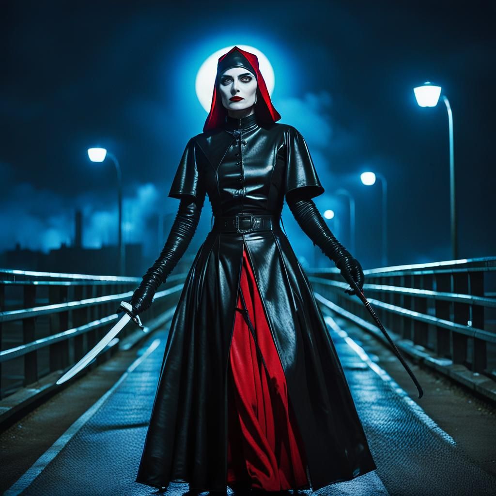 Cyberpunk Nun with Broadsword in Neon City