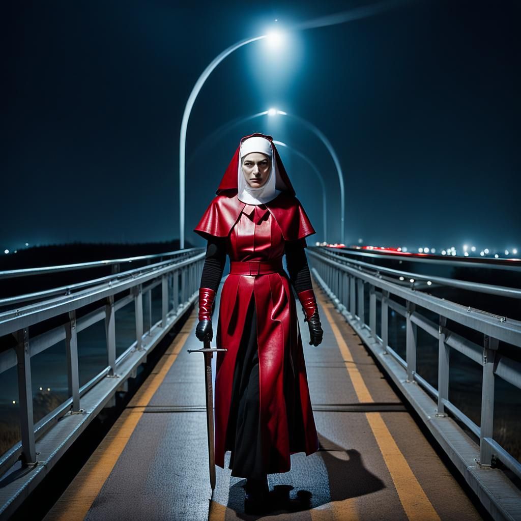 Neon Gothic Nun with Broadsword in Ruby Red Leather