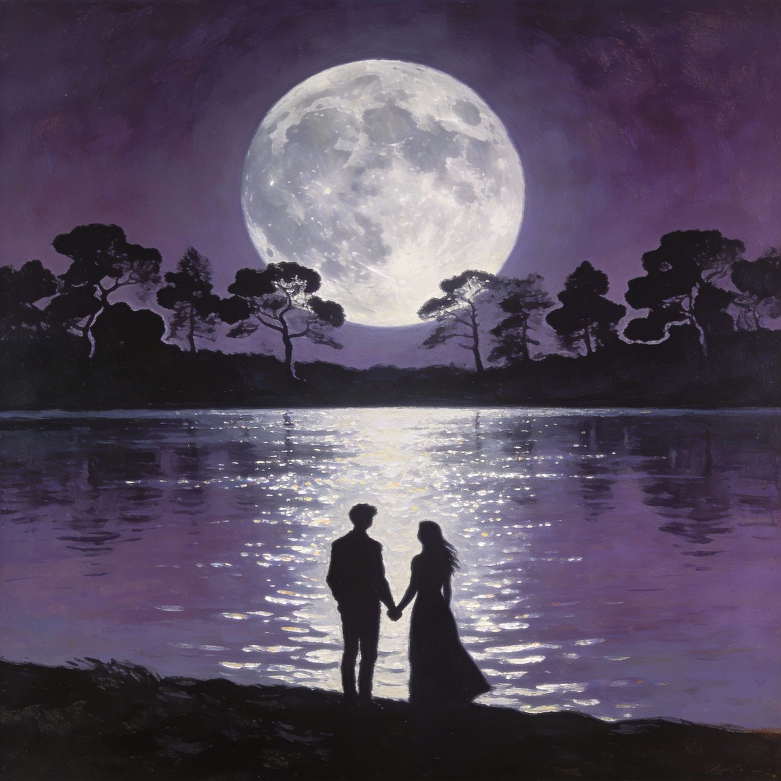 Romantic Moonrise Over Lake with Silhouetted Couple