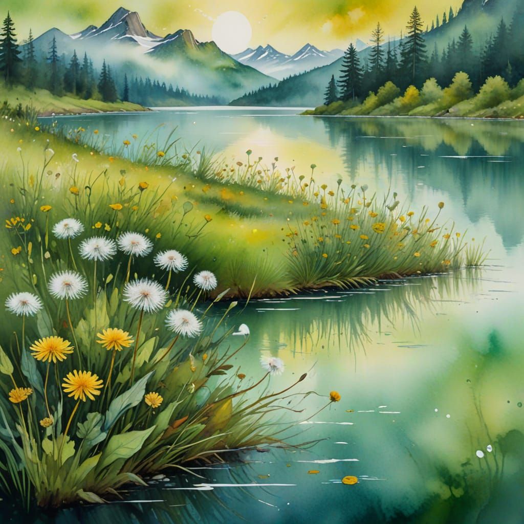 Majestic Dandelion Meadow in Watercolour Painting