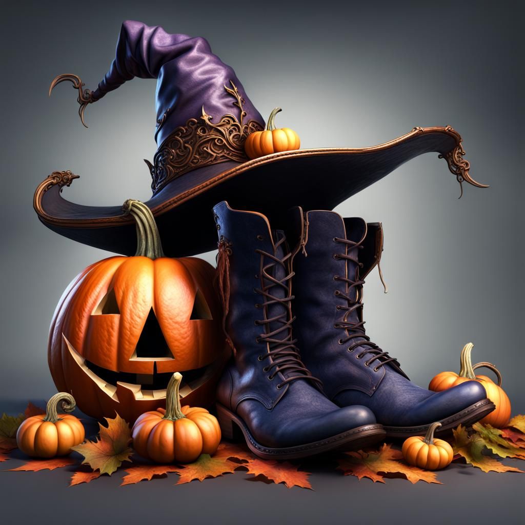 Halloween Witch Hat, Boots and Pumpkin, Detailed Matte Paint...