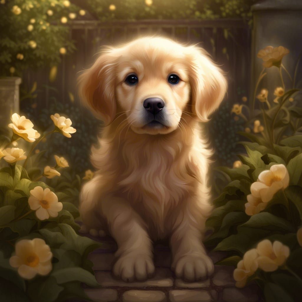 Chibi Golden Retriever in Garden with Dramatic Lighting