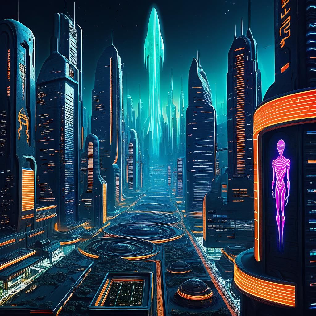 Futuristic Space City with Luminous Skyscrapers