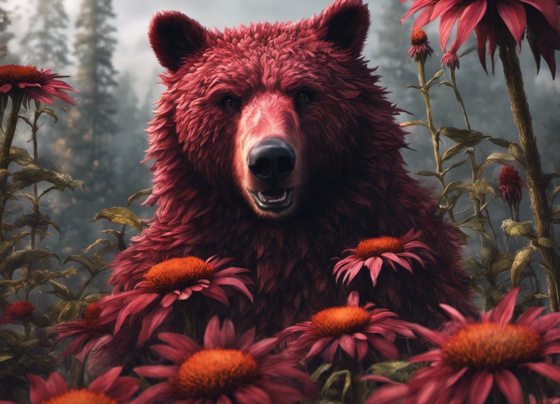 Hyperdetailed Red Bear with Echinacea Flowers
