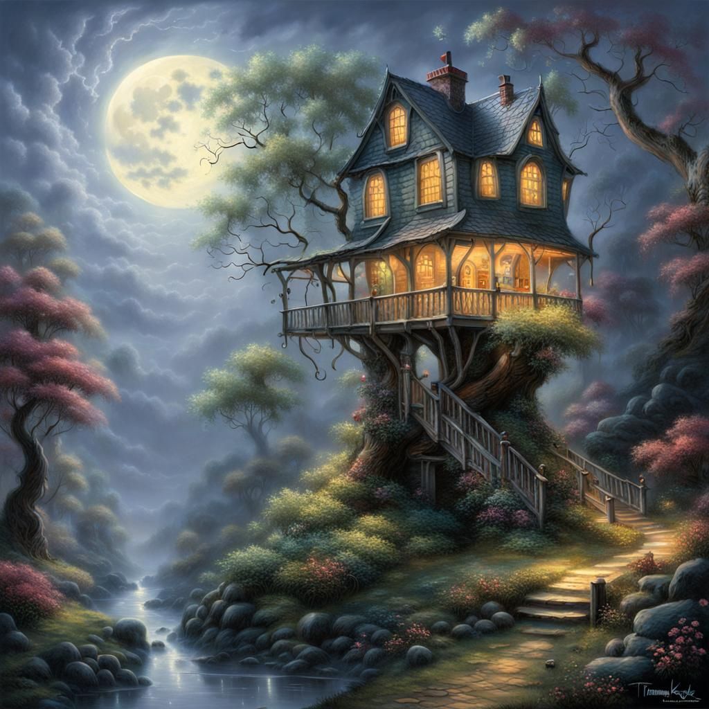 Ethereal Haunted Treehouse in Moonlight