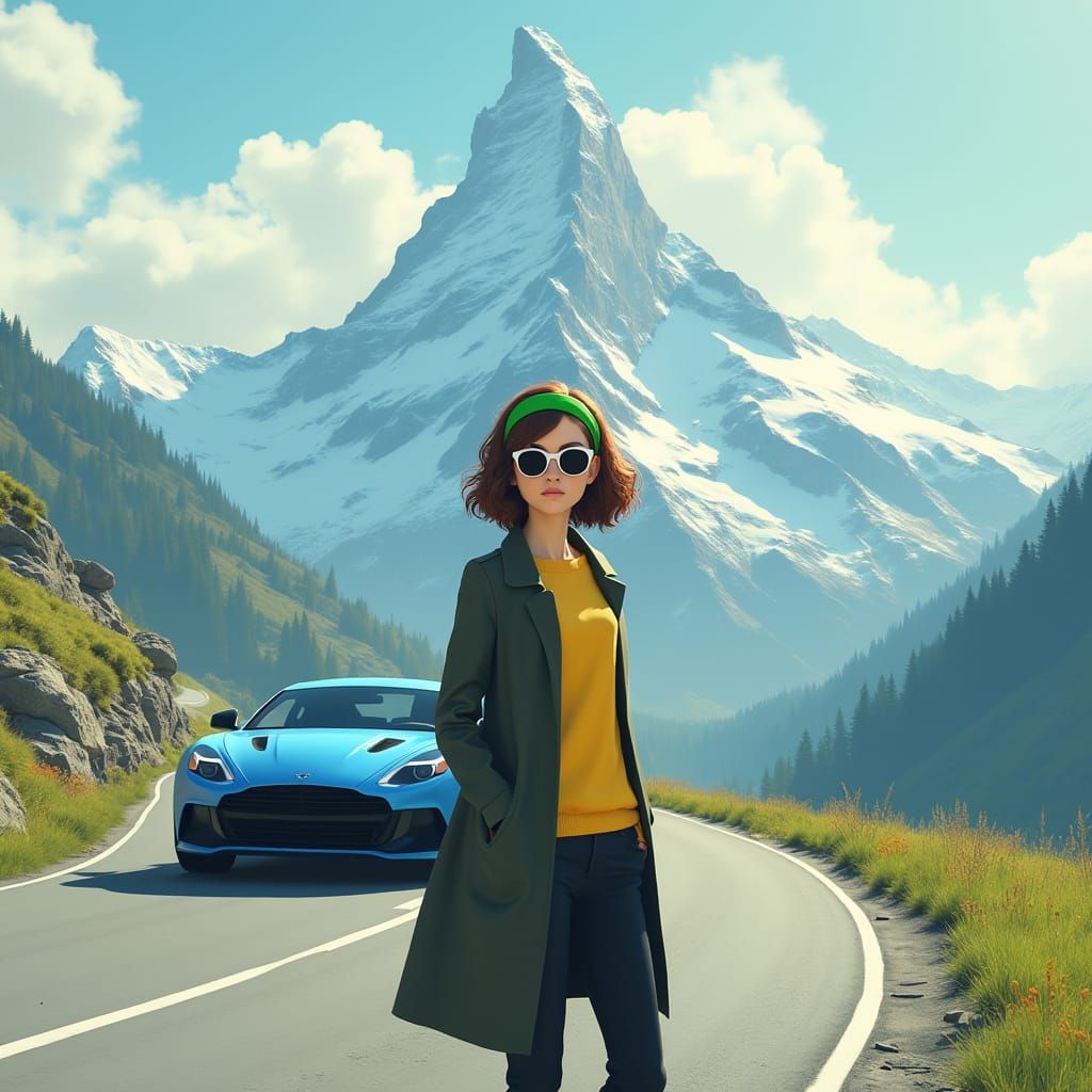 A serene mountain road scene with a person standing in front of a blue car, (face front, on middle of the road and car b...