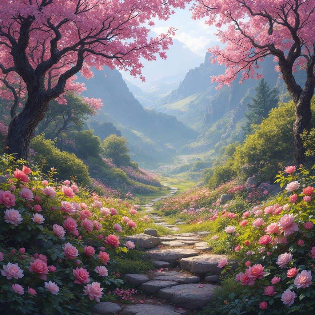 Beautiful Pink Garden with Stream and Roses