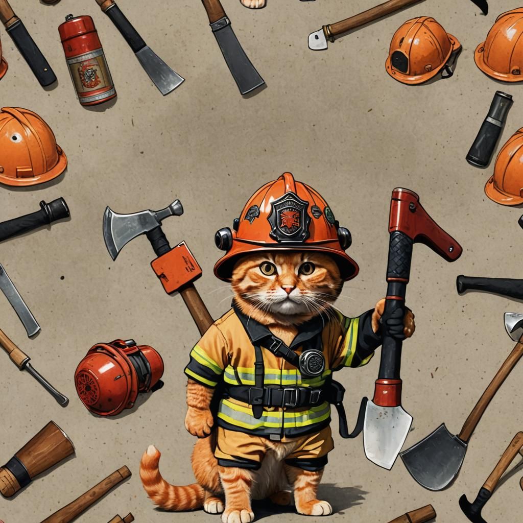 Orange Cat Firefighter Ready for Action