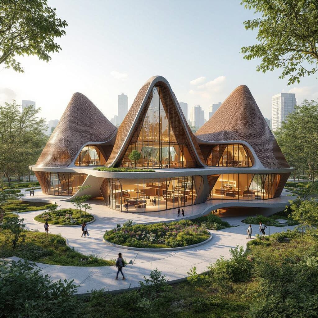 Futuristic Pyramid School with Rusty Metal and Lush Gardens