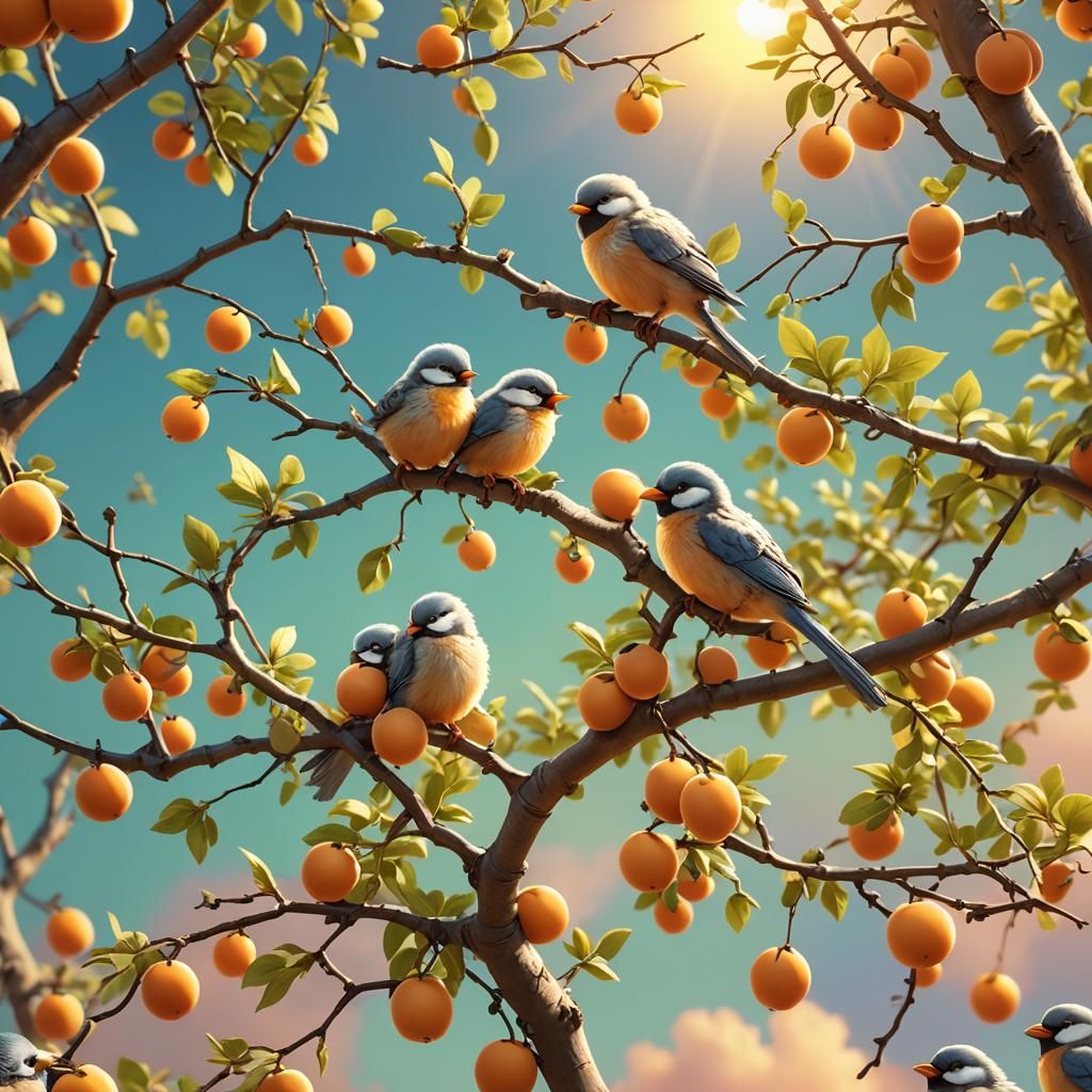 Baby Birds on Apricot Branch: Vibrant Digital Art