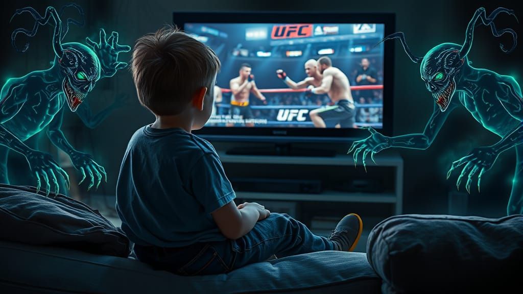 Eerie Spirits Watch Boy Watching TV, Dark Surrealism