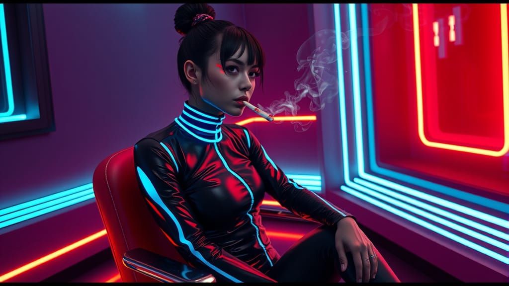 Cyberpunk Girl in Neon Striped Leather Suit, Smoking in a Gr...