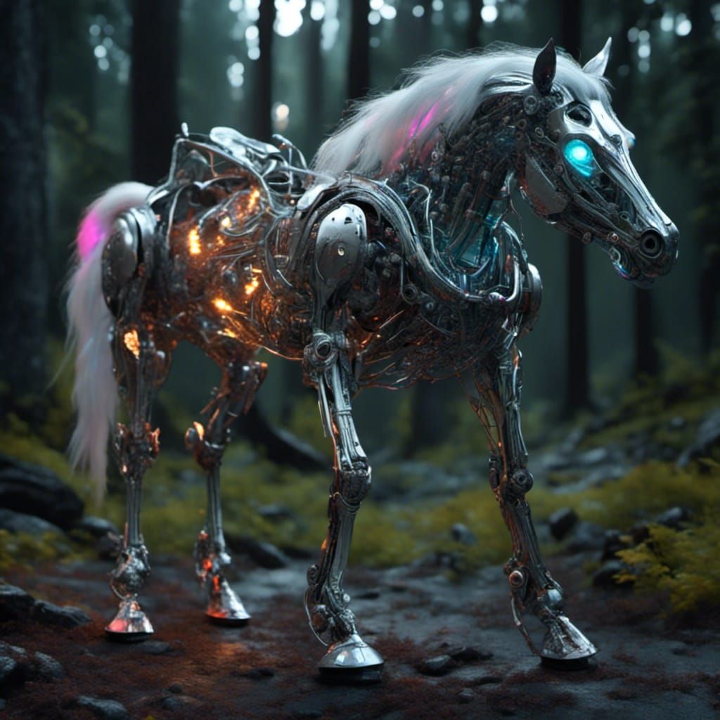 Animatronic Robot Horse with Rainbow Hair in HD Realism