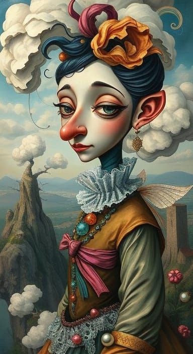 Cubist Character Portrait in Surreal Dreamscape