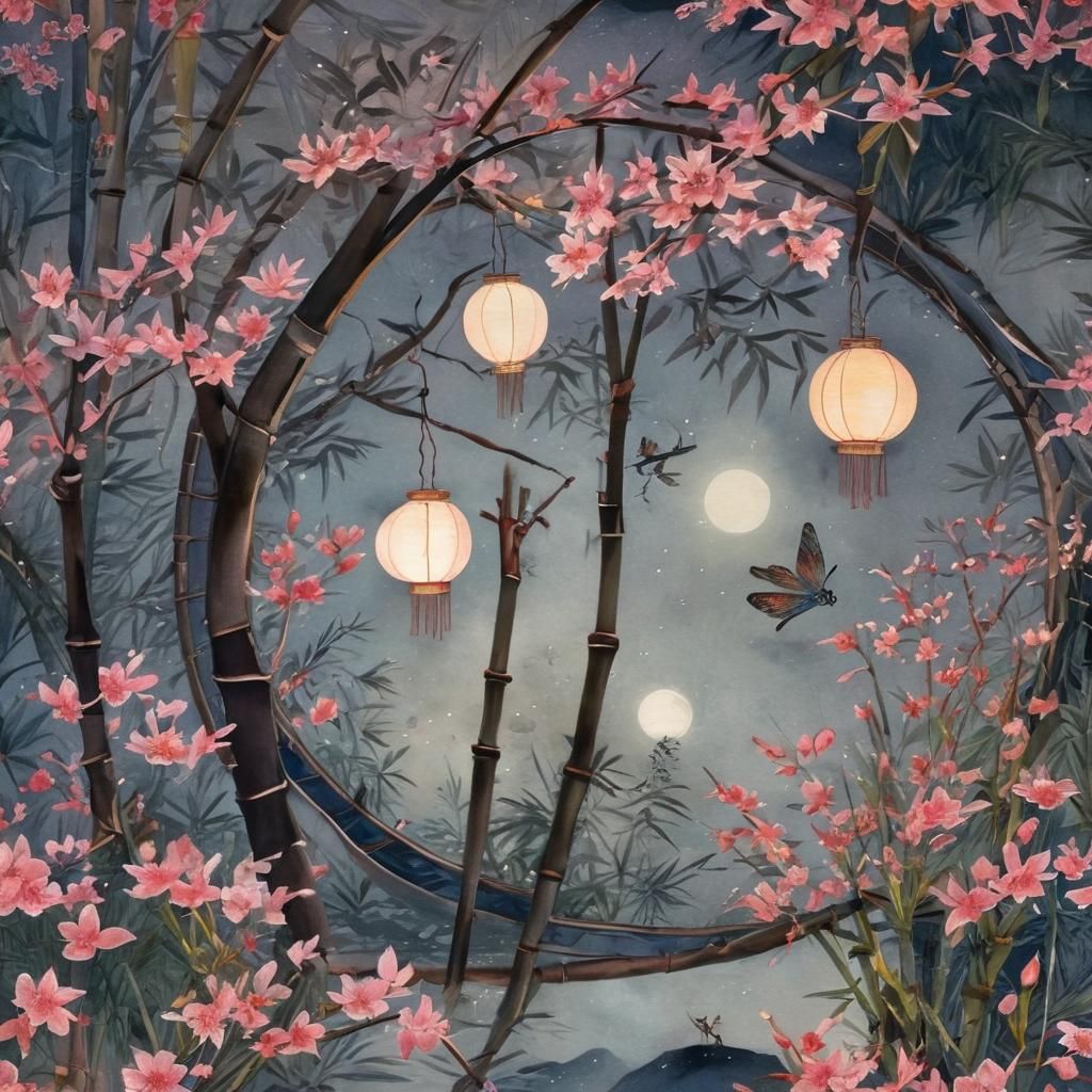 Moonlit Asian Garden with Lantern in Watercolor