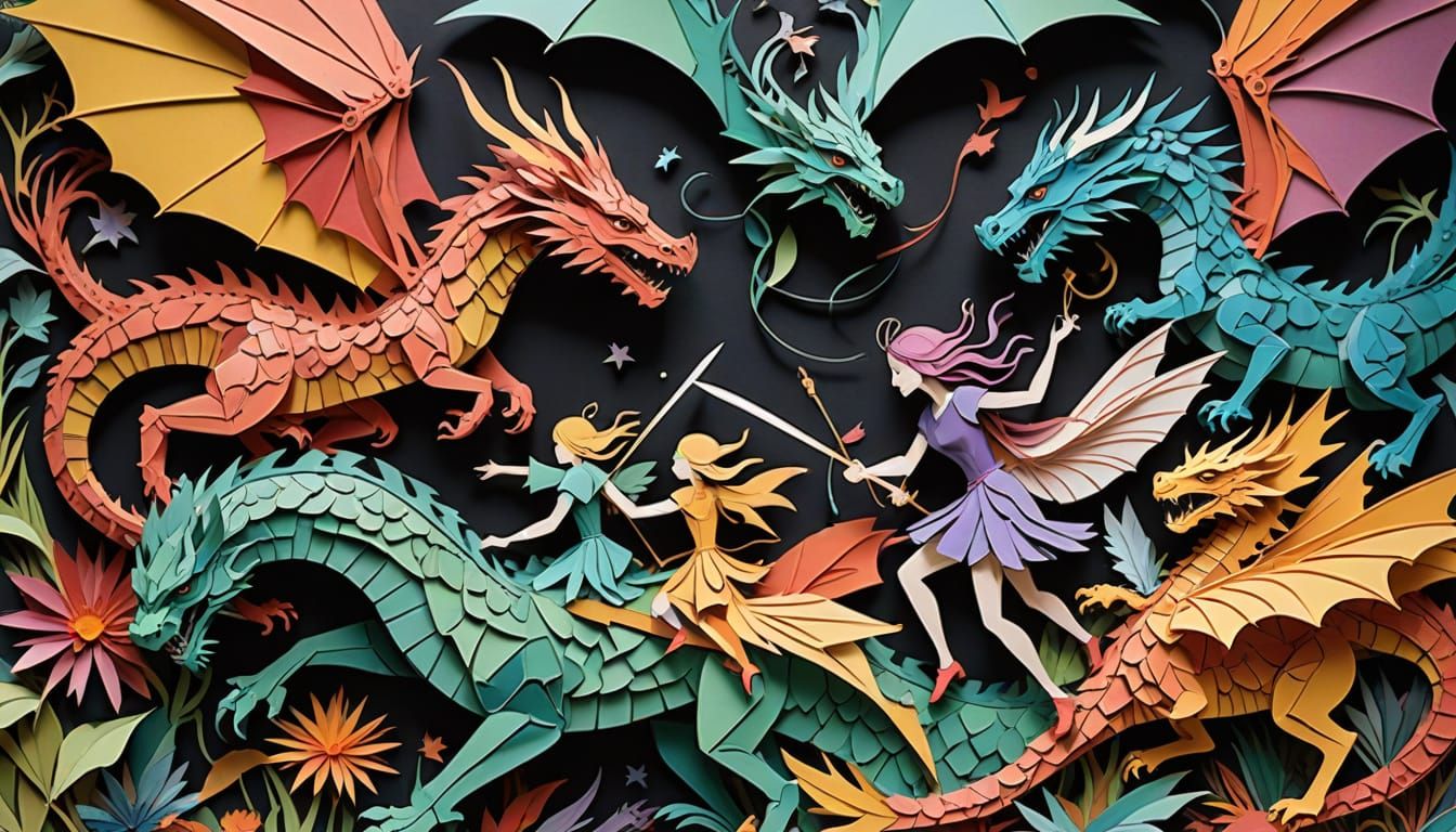 Fairies and Dragons in Epic Kirigami Battle Collage