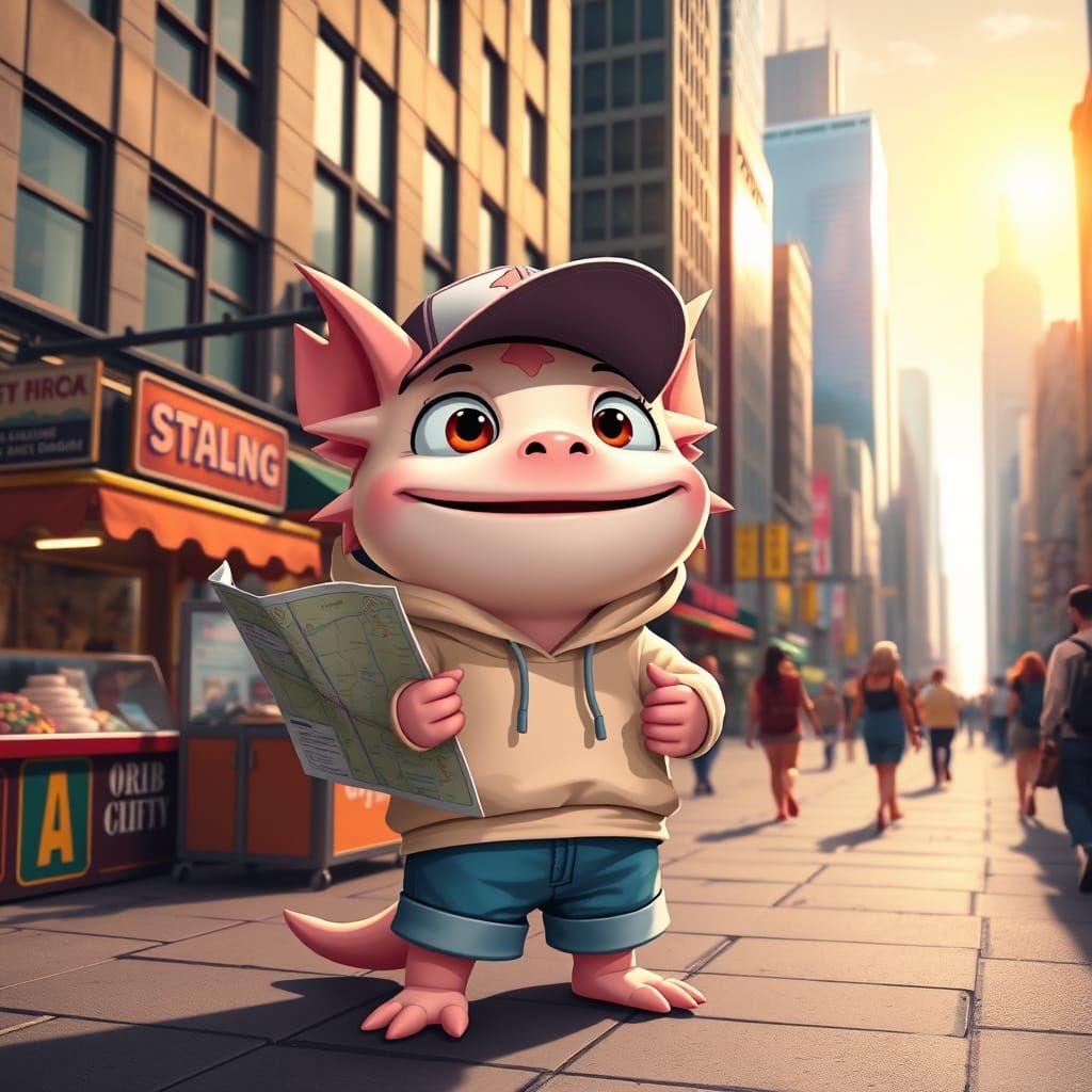 A charming Pixar-style axolotl, designed with big expressive eyes and a cheerful smile, stands on a bustling city sidewa...