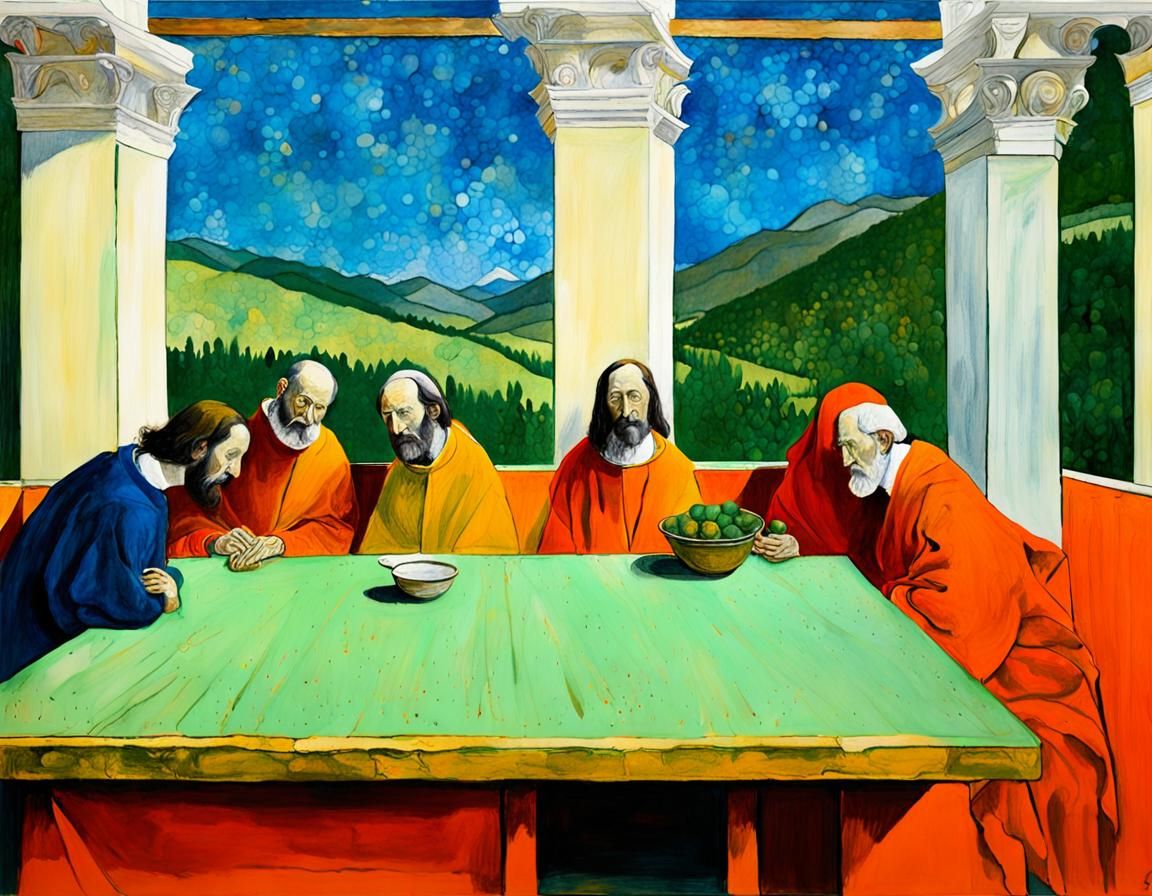 Maximalist Last Supper Altarpiece in Colored Sketch Style