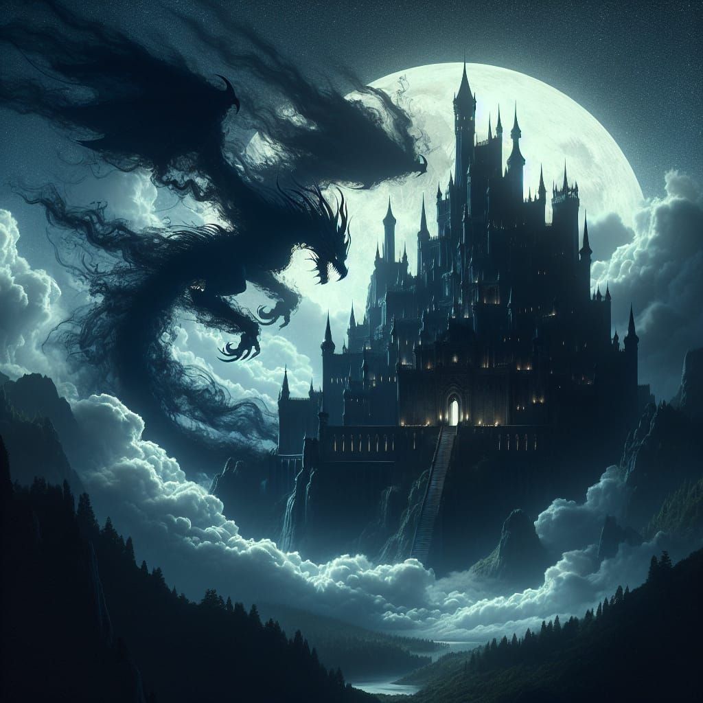 Shadow Dragon Exhaling Ominous Cloud Towards Castle