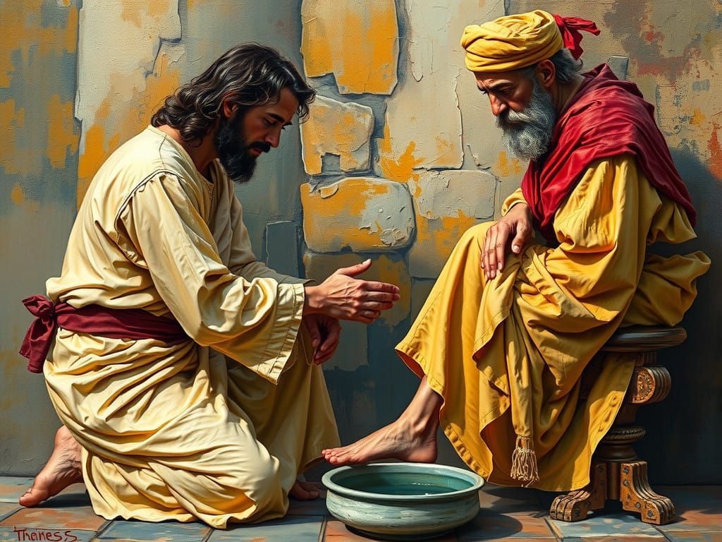 Jesus in Neo-Expressionist Oil Painting Washing Ancient Hebr...