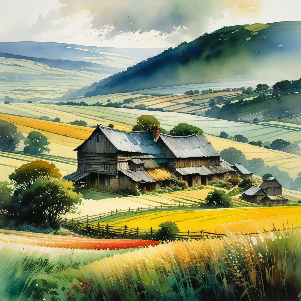 Farmhouse in Rural Landscape as Watercolor Painting