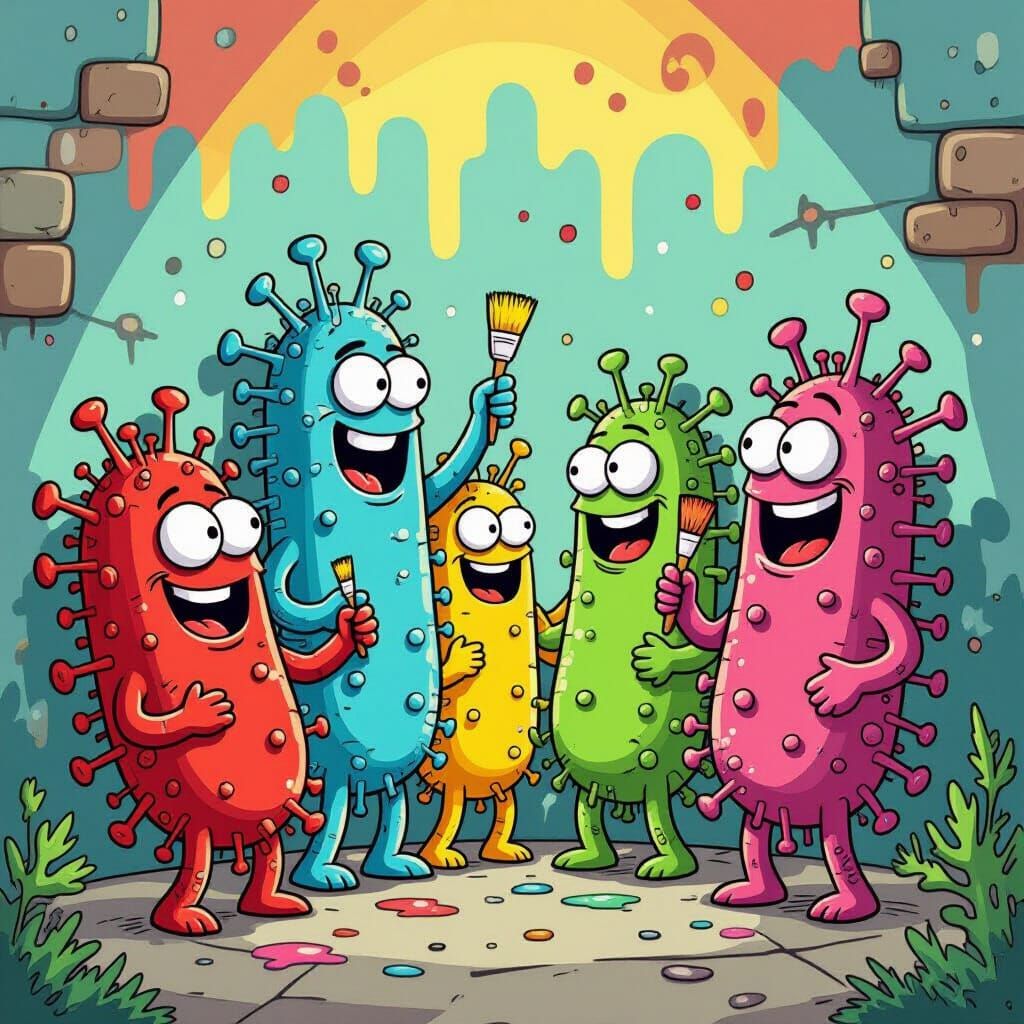 Sentient Bacteria Paint Cellular Chaos Mural in Comic Style