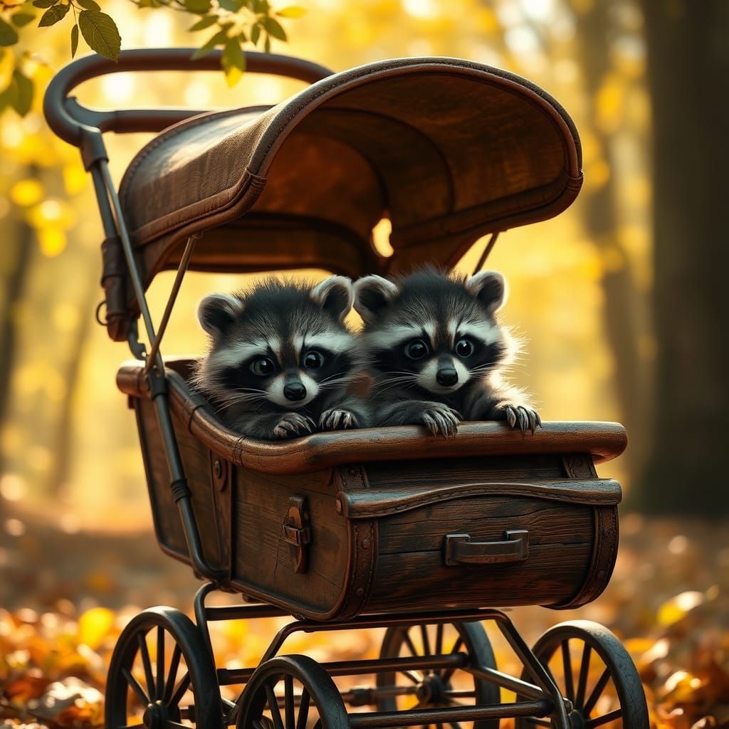 Twin Raccoon Babies in Vintage Stroller