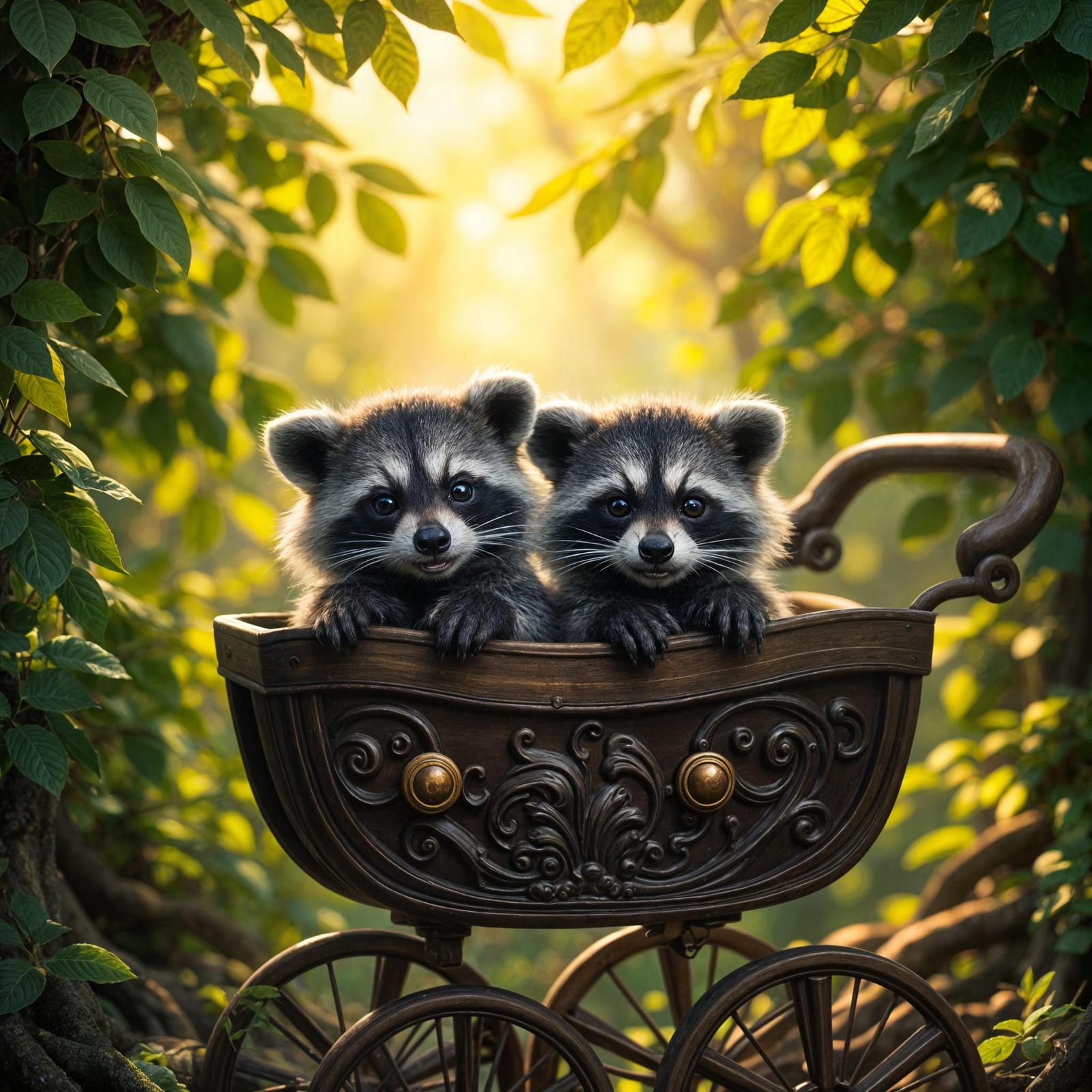 Twin Raccoon Babies in Forest, Fantasy Concept Art