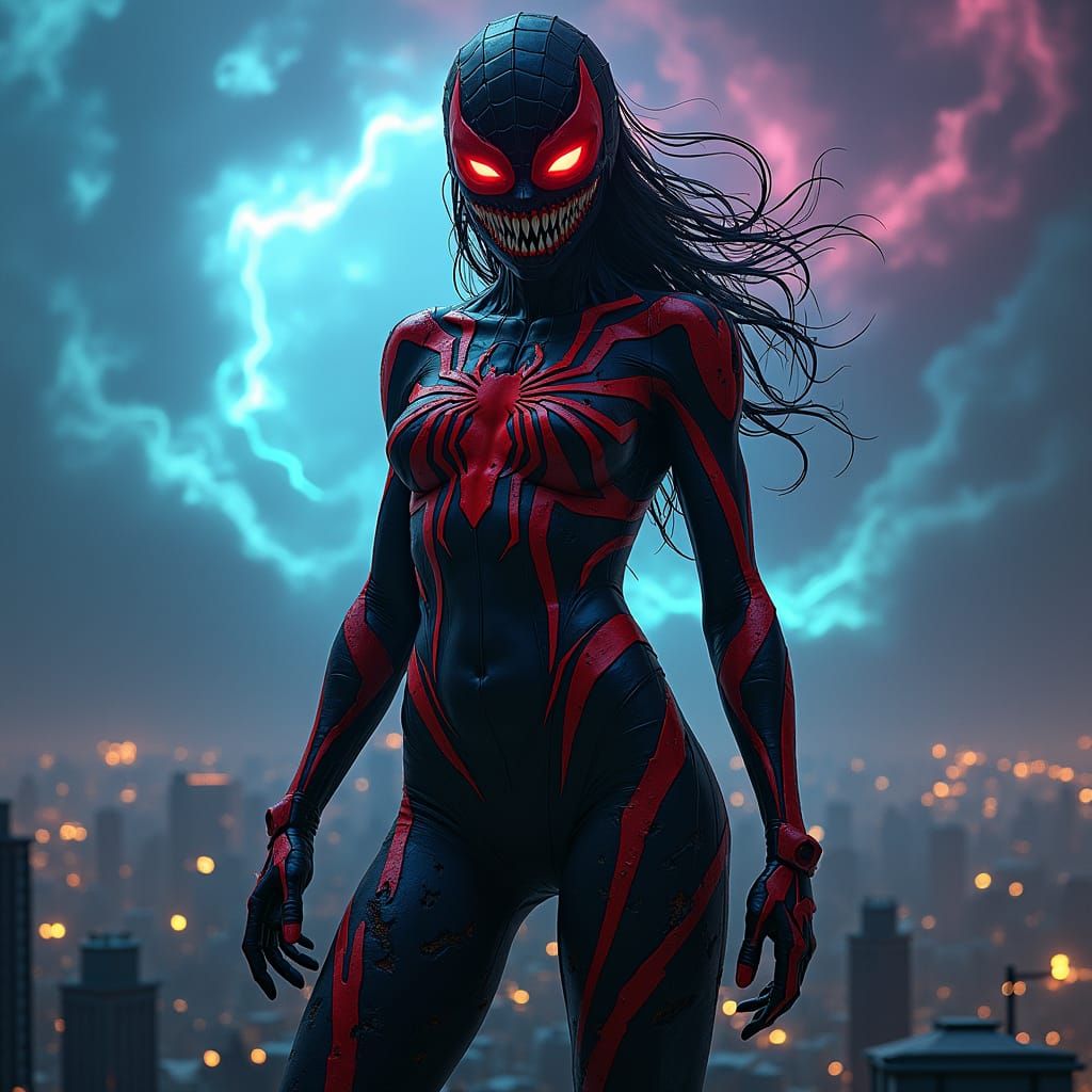 Venom Symbiote Spider-Woman in a Neon Storm