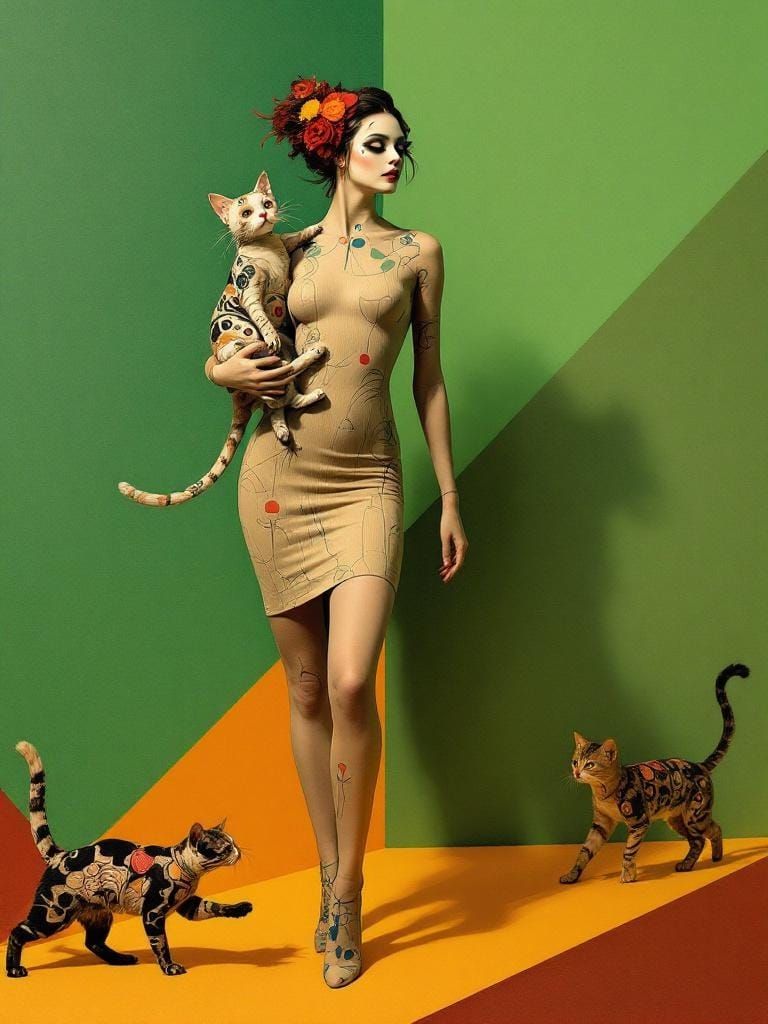 Stylized Figure with Cat in Art Nouveau Surrealism