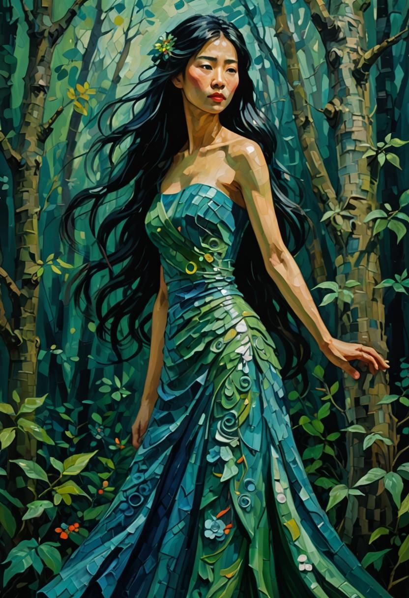 Serene Fantasy Korean Woman in Misty Forest Impasto Painting